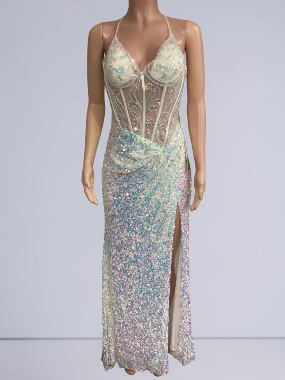Stacees iridescent Sequin Mermaid Fairy Corset Sleeveless Thigh Slit Size 12 - Picture 2 of 15
